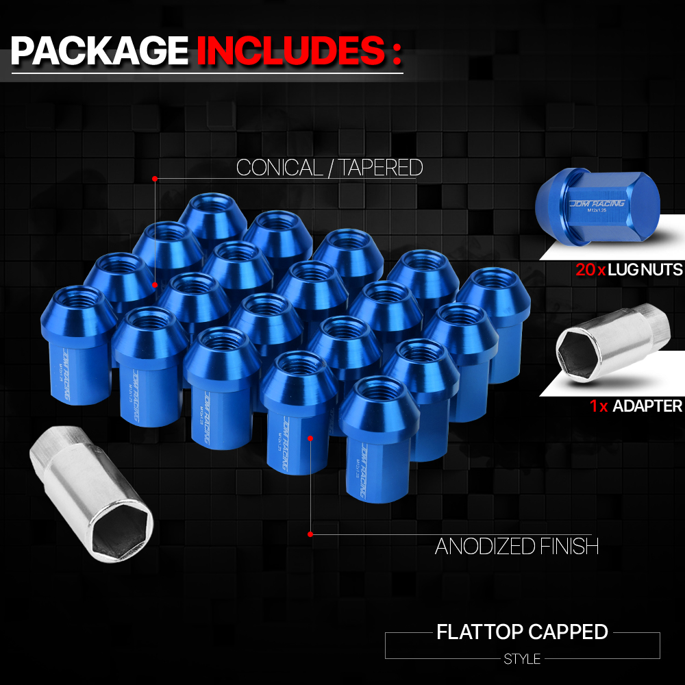 20x 12mmx1.25 {FLATTOP CAPPED} Blue Aluminum 35mm Wheel Rim Lug Nut w