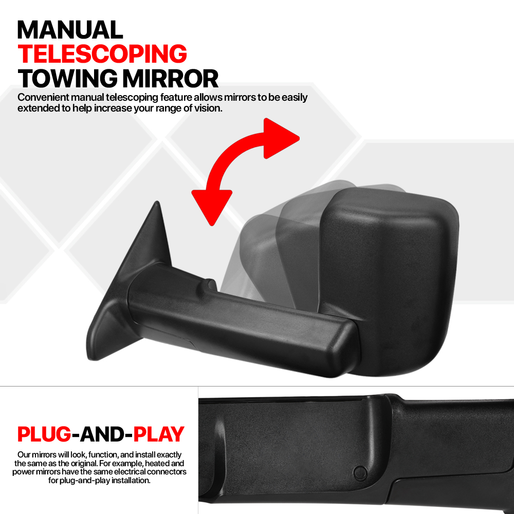 Fits 2009-2016 Ram 1500/2500 [POWER+HEATED] Telescoping Tow/Towing Side 2016 Ram Power Folding Tow Mirrors
